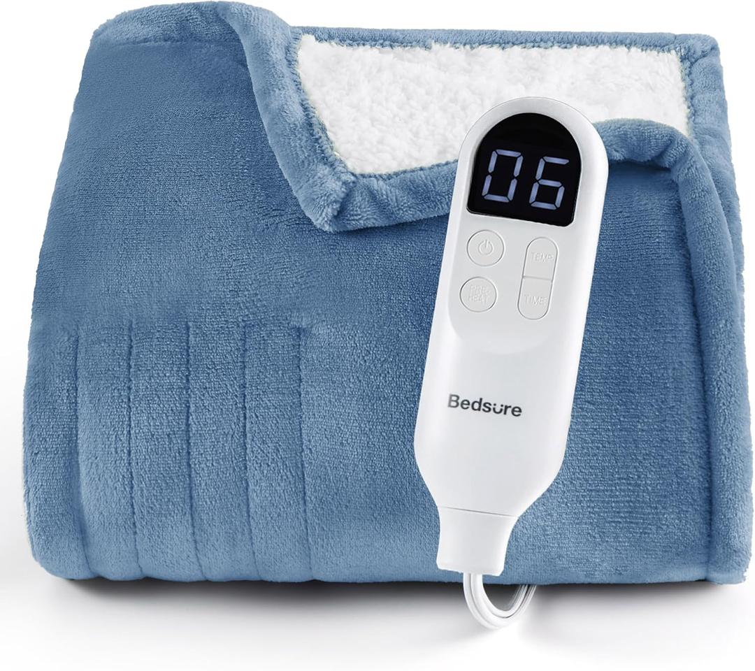 Bedsure Heated Blanket Throw Blanket - Fast Heating Electric Blanket, Soft Flannel Throw with 6 Time Settings(Up to 10H), 6 Heating Settings, Gifts for Grandma Grandpa Seniors (50"x60", Blue)
