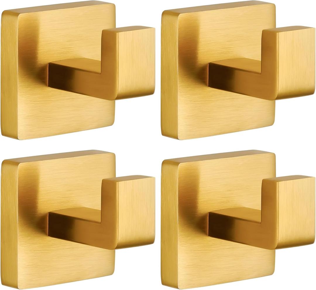 Towel Hooks for Bathrooms Robe Hook Coat Hook 4 Pack Brushed Gold Stainless Steel Heavy Duty Wall Mounted Square Hooks for Bathroom Kitchen Bedroom