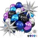 Galaxy Space Balloons, 12 Inch Navy Blue Metallic Blue Purple Silver Black Star Print Balloons with Silver Star Foil Balloons for Boys Astronaut Space Birthday Party Decoration