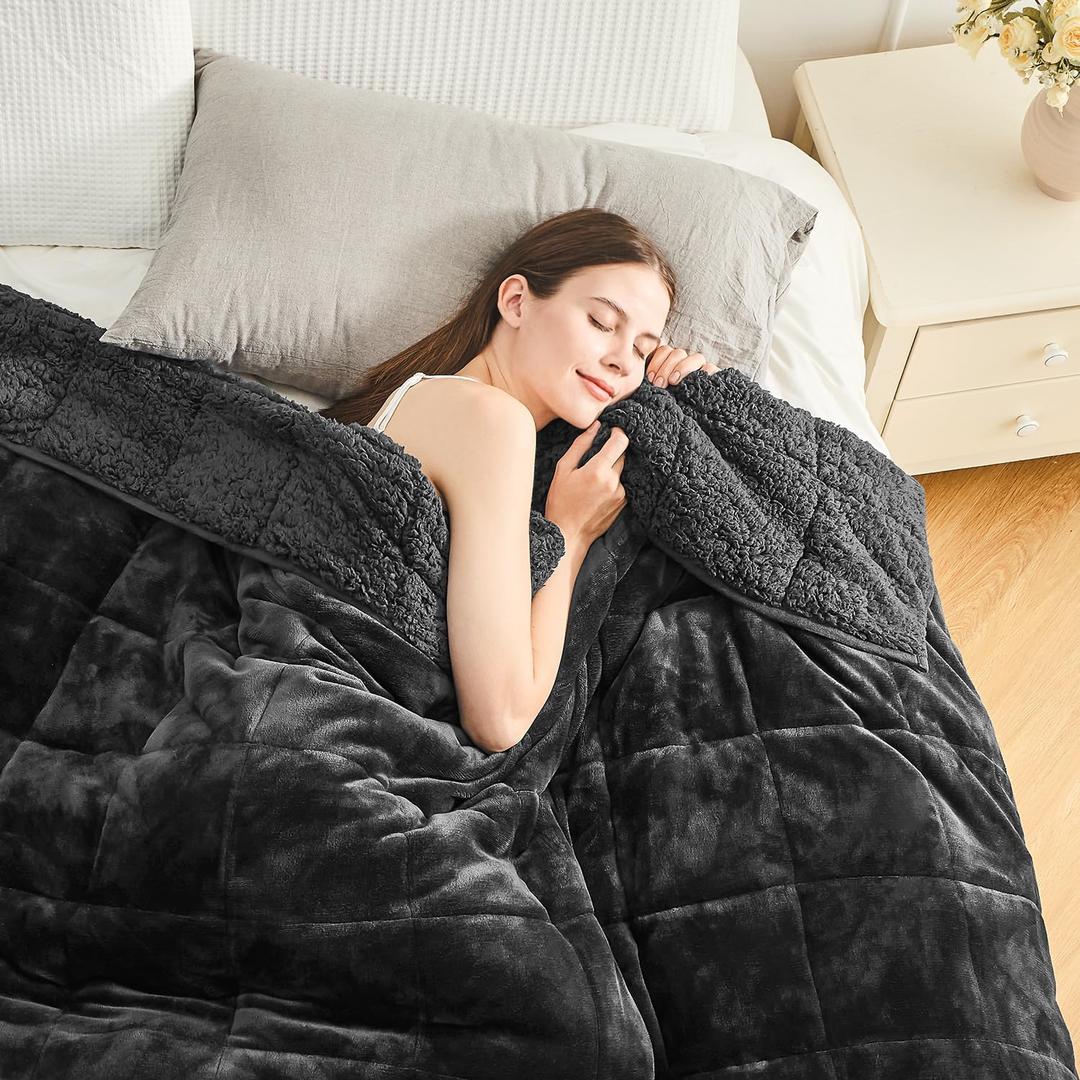 Cottonblue Sherpa Fleece Weighted Blanket 15lbs for Twin/Full Ded - Plush Bed Blanket for Deep Sleep and Relaxation, Heavy Calm Blankets with Glass Beads, 48x72 Inches, Black