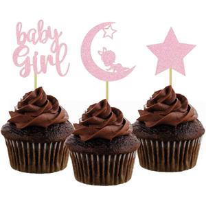 Morndew 24 PCS Pink Glitter Baby Girl Moon Star Cupcake Toppers for Girls Birthday Party Gender Reveal Party Baby Shower Decorations