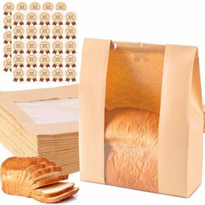 50Pcs Sourdough Paper Bread Bags for Homemade Bread with Window, Includes 50PCS Label Seal Stickers for Food Storage(50% Thicker 13.7x8.3x3.5 in - Large)