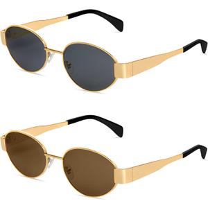 BUTABY Retro Oval Sunglasses for Women Men Designer Trendy Sun Glasses Classic Shades UV400 Protection (Gold Frame Grey Lens + Gold Frame Brown Lens)