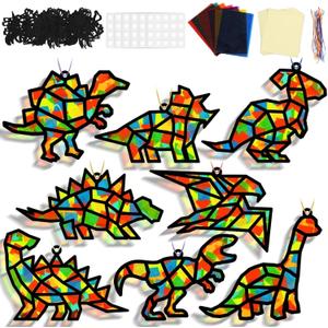 32Sets Dinosaur Suncatchers Crafts Kit DIY Dino Window Stained Glass Effect Paper Dinosaur Animal Home School Classroom Decoration Art Craft Creative Activity Project Kid Gift Favor