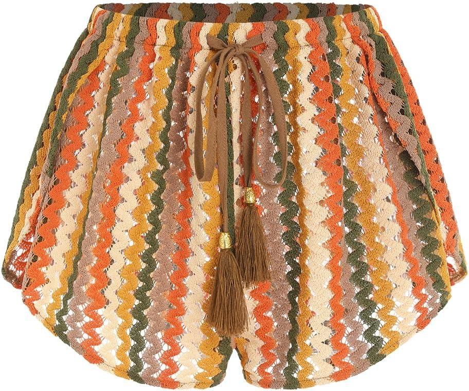 ZAFUL Crochet Cover Up Shorts for Women Beach Swimwear 2026 Boho High Waisted Drawstring Flowy Swim Bottom, Orange, Small