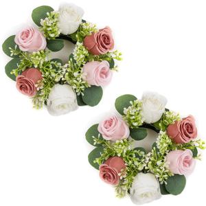 NUPTIO Small Flower Rings for Centerpieces: 9.05 Inch Dusty Rose & White Candle Rose Wreath for Wedding Party Christmas Decorations - Spring Summer Front Door Porch Decor 2 Pcs