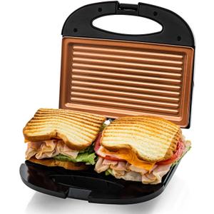 OVENTE Electric Panini Press Grill with Nonstick Plates, LED Indicator Lights, Thermostat Control, Compact Sandwich Maker Perfect for Cooking Breakfast, Steaks, Eggs Snacks & More, Copper GP0110CO