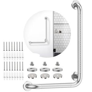 Polished Chrome Angled Grab Bar 16x24 Inch, iHansee Bathroom Safety Bar w/Anti-Slip Knurled Grip, Wall Mount L Shaped Shower Handle for Elderly Senior Handicap, Toilet Bathtub Balance Support Bar