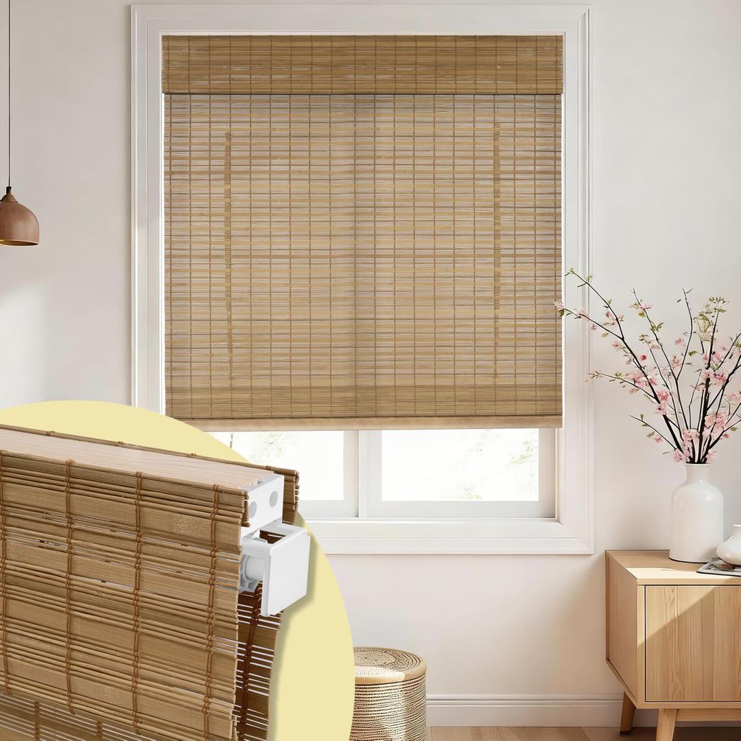Vivvigo No Drill Bamboo Roman Shades Cordless, Brown, 34.5" W x 64" H