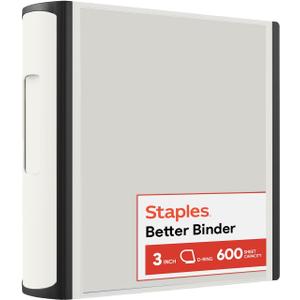Staples Heavy-Duty 3-Inch D-Ring Binder, White Large Capacity 3-Ring Binder with Pockets, Holds Up to 600 Sheets