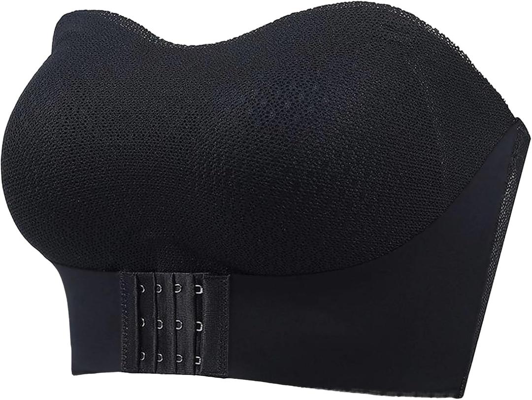 Womens Front Closure Strapless Non-Slip Padded Bandeau Bra Tube Top Invisible Wireless Bralette (Black, M)