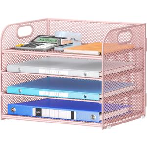 4-Tier Paper Organizer for Desk With Handle, Mesh Desktop File Tray, Office Classroom Organization and Storage - Pink