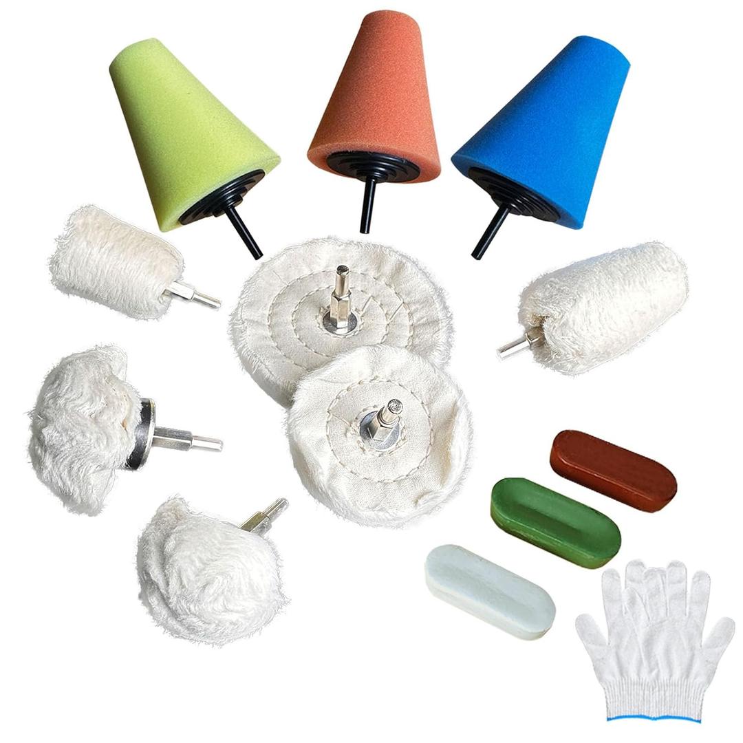 Neeki 12-Pcs Polishing and Buffing Kit, Includes 1/4" Shank Drill Buffing Wheels, Polishing Compound, and Sponge Pads for Metal, Wood, Plastic
