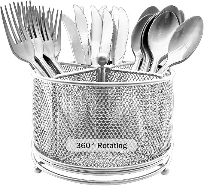 DysanVica 360° Rotating Metal Utensil Caddy  4 Compartment Silverware Cutlery Holder Rotation Fork Spoon Napkin Organizer Flatware Storage Basket Party Countertop Buffet Picnic Camping Outdoor Silver