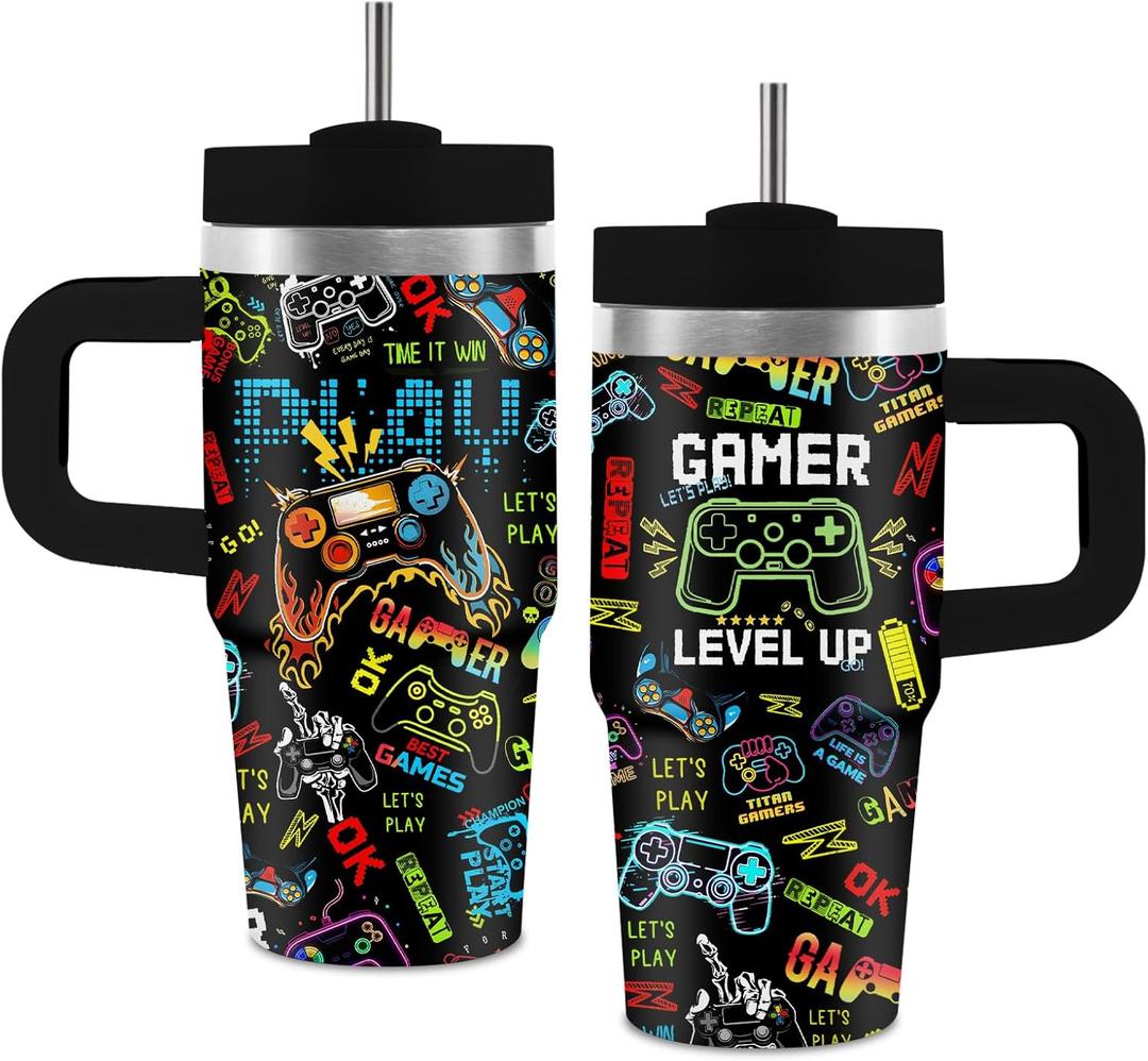 Hiboss Gamer Gifts for Boys, 14 oz Gamer Tumbler with Handle for Kids, Gaming Tumbler Presents for Him, Insulated Stainless Steel Gaming Mug Cup, Birthday Gifts for Gamers Teen Boys Men Son