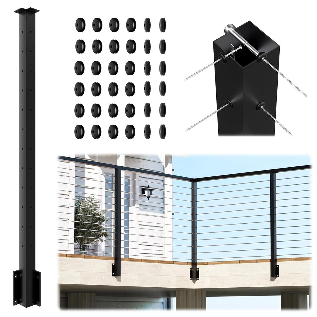 Side Mount Inner Corner Post 42" (Post Body 47.6"), Fixed Top Three Side Drilled Corner Post Cable Railing, Black Stainless Steel 304 Fascia Mount Metal Post with Inner Terminal & Cable Grommet