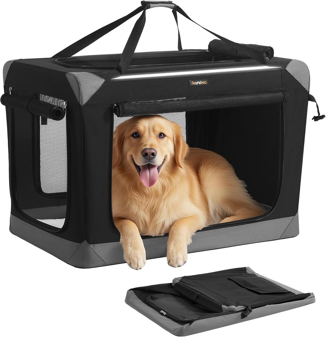 Feandrea Collapsible Dog Crate, Portable Oxford Fabric Pet Travel Crate with 4 Mesh Doors, Handles, Pocket, 36 Inches, for Large Dogs, Ink Black and Dove Gray UPDC029BH01 XL (36"L x 25"W x 25"H)