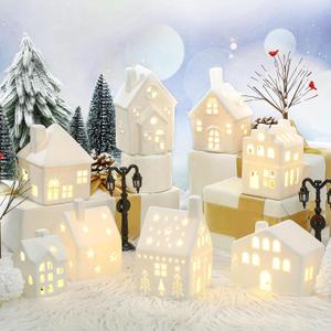 Cindeer 26 Pcs Ceramic Christmas Village Set 8 LED Christmas Village Houses 16 Xmas Trees Farmhouse 2 Lamp Post Scenes Decor White Tabletop Decoration (Classic)
