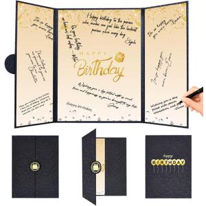 Crenics Black and Gold Birthday Decorations for Women Men, Creative Birthday Guest Sign in Book Alternative, Happy Birthday Signature Book 18" x 12", Great Birthday Gifts for Girls or Boys