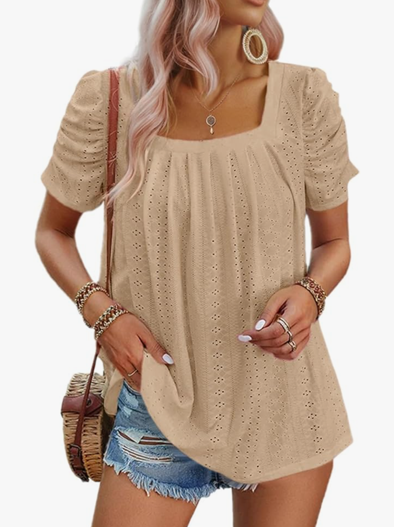 Dokotoo Women's Hollow Pleated Short Sleeves Square Neck Casual Loose Solid Color Knit T Shirts Tops Blouses XL