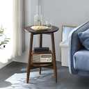 Side Table, Small Round End Table with 2-Tier Shelf, Solid Wood Nightstand for Living Room Bedroom, Mid Century Modern Accent Table for Small Spaces, Walnut 19.49" D x 24.02" H