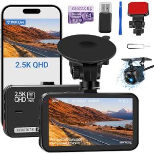 Dash Cam Front and Rear, Dash Camera for Cars WiFi/APP Control Dual Dashcam W/ 64GB Card, 2.5K Dash Cam Front+1080P Rear Car Camera W/Super Night Vision, Loop Recording, GSensor, Max Support 256GB