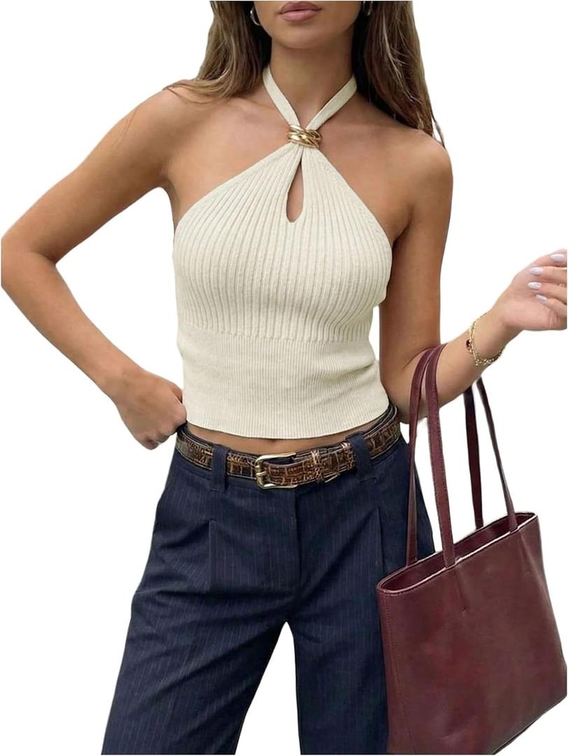 Verdusa Women's Cut Out Halter Tops Rib Knit Tie Backless Crop Tops Summer Chic Outfits (S)