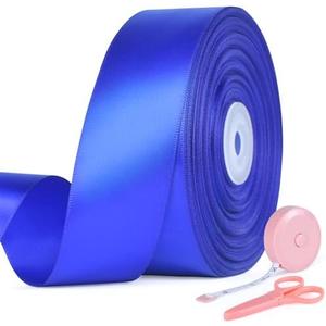 1 1/2 Inch x 50 Yards Satin Ribbon - Wide Solid Fabric Ribbon for Gift Wrapping, Wedding, Party Decorations, Hair Bows, Chair Sash, Crafts - Includes  Tape Measure and 1 Scissors (Royal Blue) Set of 2