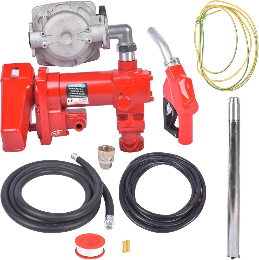 Fuel Transfer Pump 12 Volt 25 GPM Cast Iron Heavy Duty with Flow Meter & Automatic Nozzle for Diesel Gasoline Kerosene Truck Tractor Red Weonefit