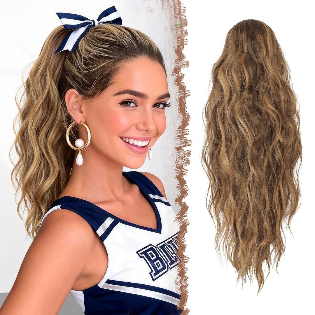 FESHFEN Ponytail Extensions - Drawstring Ponytails Hair Extension Long Curly Wavy Hair Piece Synthetic Pony Tail Hairpieces for Women, Golden Brown Mix Blonde 18 inch