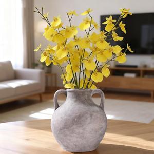 Ceramic Farmhouse Flower Vase with Handle,Vintage Terracotta Decorative Vase for Home Decor, Living Room, Table, Shelf, Mantle Fireplace, Coffee Dining Desk, Wedding Centerpiece - 9.05 Black Rustic
