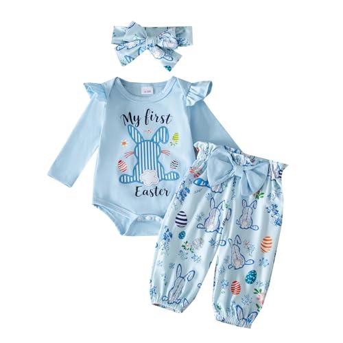 JiAmy Baby Girls My 1st Easter Outfit Newborn 3 Piece Romper Headband Pant Sets Blue Rabbit Egg 9-12M