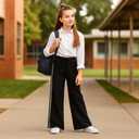 SOBOWO Girls Wide Leg Pants Kids Solid Color Floral Elastic Waist Baggy Casual School Straight Leg Pants Trousers Size 5-6 Years