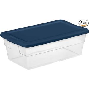 Sterilite Stackable 6 Quart Clear Home Storage Box with Handles and Blue Lid for Efficient, Space Saving Household Storage and Organization, 5 Pack