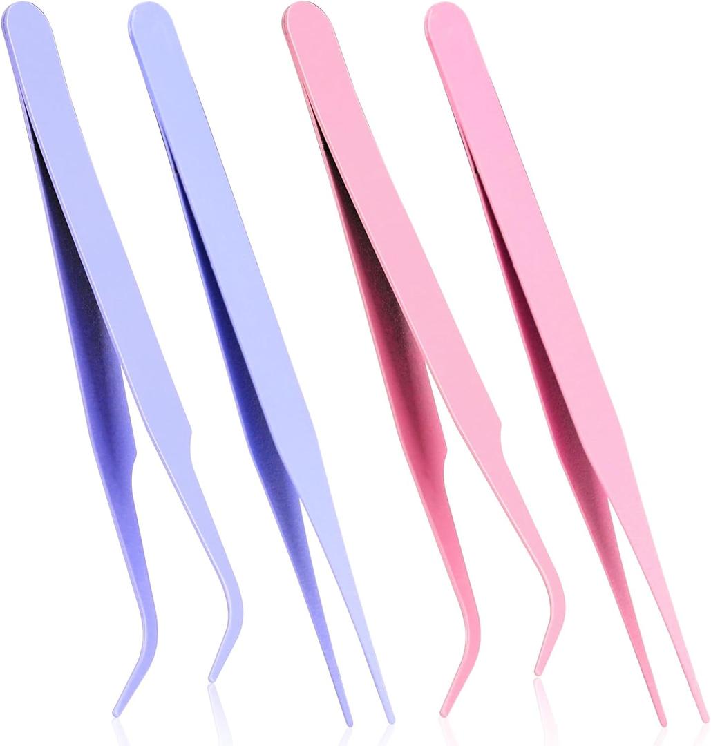 Tweezers for Crafting, 4 Pcs Stainless Steel Sticker Tweezers Kit Multipurpose Straight and Curved Tip Tweezers Small Jewelry Making Tools for DIY Intricate Projects, Cardmaking, Scrapbooking, Model