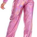 SIAEAMRG Womens Shiny Metallic High Waist Stretchy Jogger Pants, Wet Look Hip Hop Club Wear Holographic Trousers Sweatpant (Pink, S)