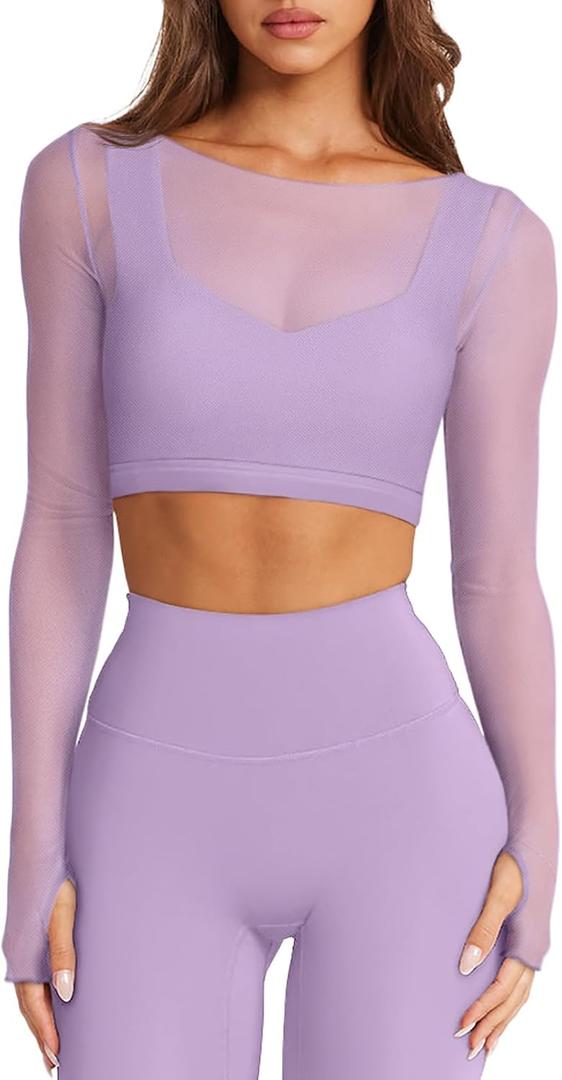 LASLULU Mesh Long Sleeve Crop Tops for Women Double Lined Workout Athletic Gym Shirts Cropped Tops with Built in Bra (Small, Violet)