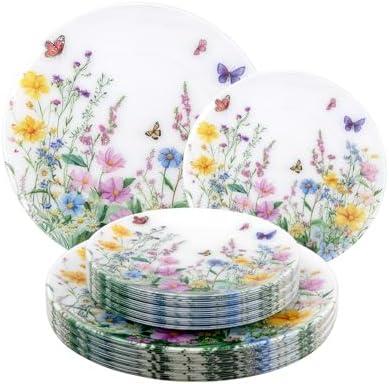bUCLA 12-Piece Floral Plastic Plates - Cosmos Print Disposable - Includes 12 Each (10.25 inch Dinner & 7.5 inch Dessert) Plates for Catering, Party, Spring Gatherings