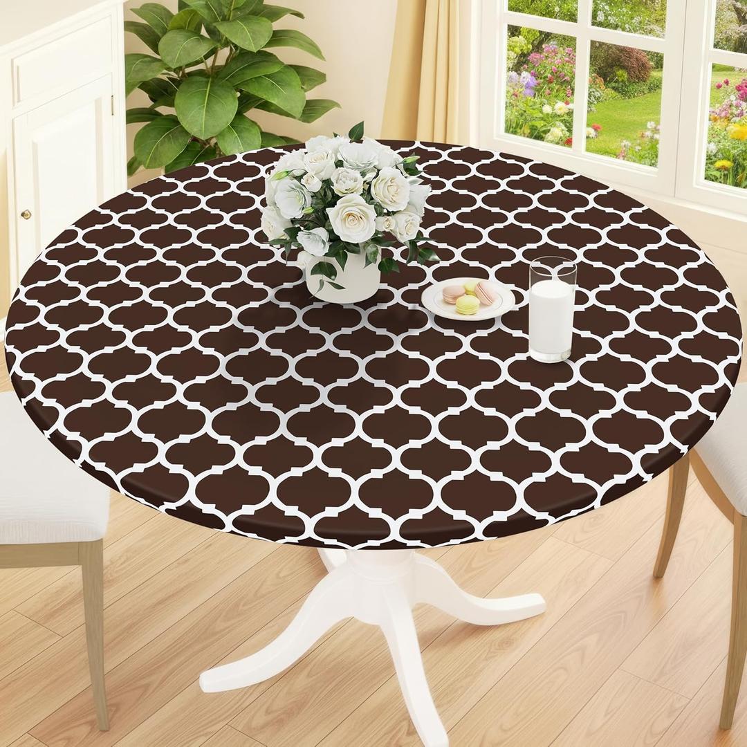 Smiry Round Picnic Tablecloth, Waterproof Elastic Fitted Table Covers for 57" - 68" Tables, Wipeable Flannel Backed Vinyl Tablecloths for Camping, Indoor, Outdoor, Coffee & White