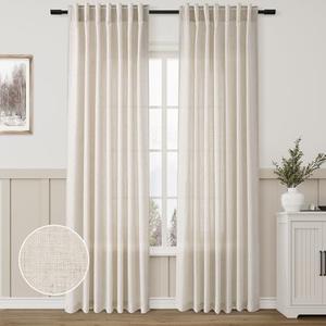 Back Tab Linen Beige Curtain Panels 84 Inches Long Light Filtering Semi Sheer Pleated Drapes for Living Room Faux Linen Blend Country Rustic Farmhouse Privacy Canvas Cloth Window Curtain Set of 2