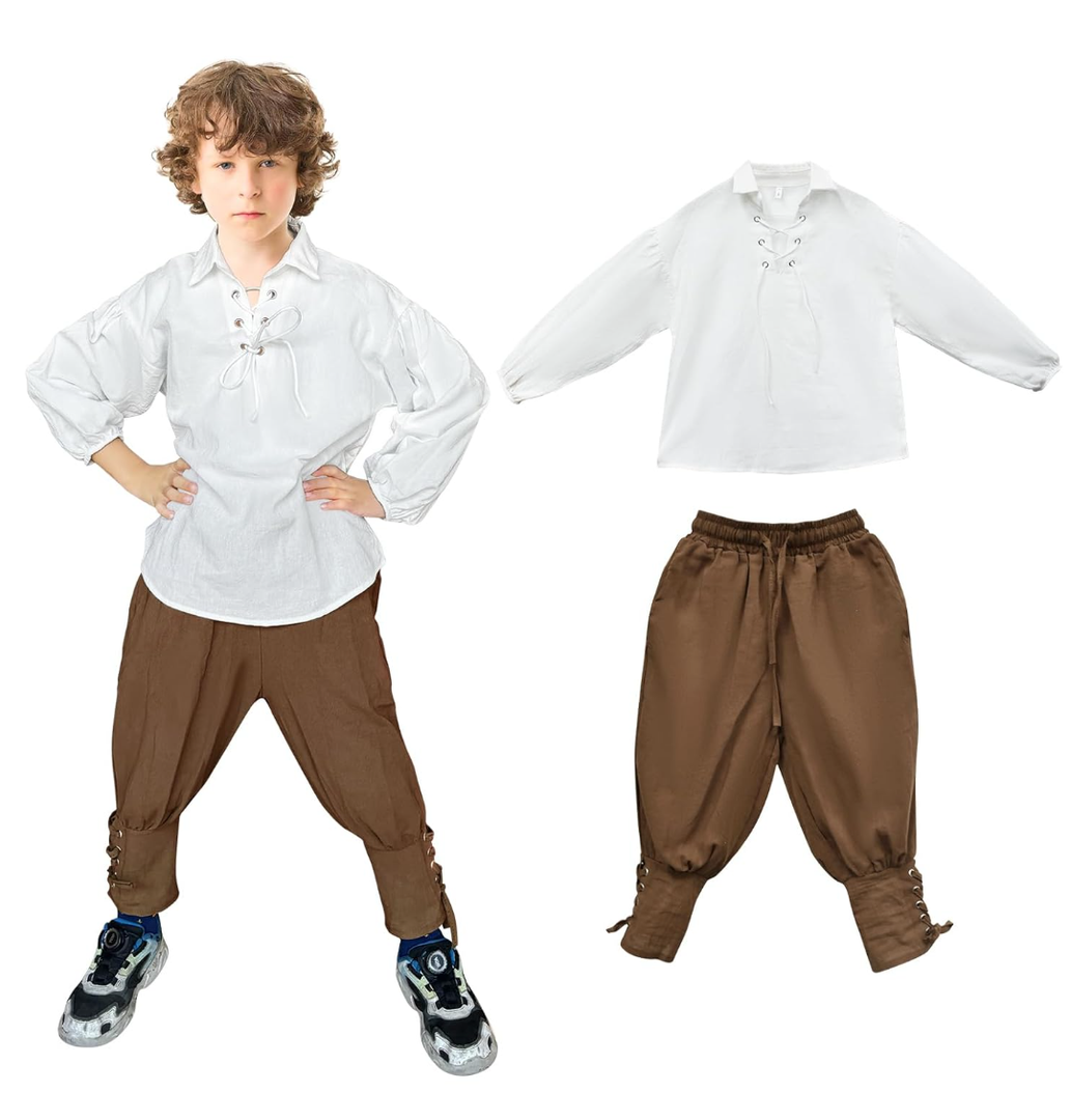 Boys Medieval Pirate Set Shirt & Ankle Pants Kids Renaissance Halloween Costume Scottish Jacobite Tops and Trousers, 10 Size