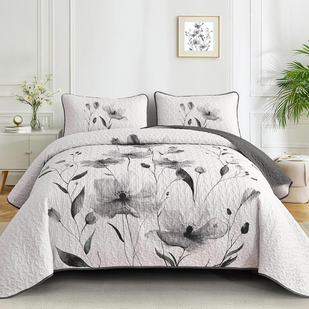 Mybedsoul Floral Quilt Set King Size, 3 Pieces Grey Bedspread Coverlet Set, Lightweight Farmhouse Botanical Bedding Set for Fall Winter All Season(104"x90")
