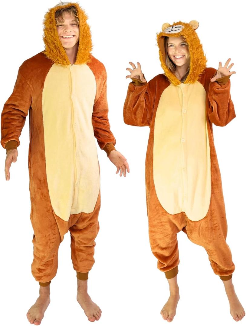 Funziez! Adult Onesie Halloween Costume Animal Dinosaur Shark Unisex Plush One Piece Cosplay Suit for Adults, Men and Women (Large, Lion)