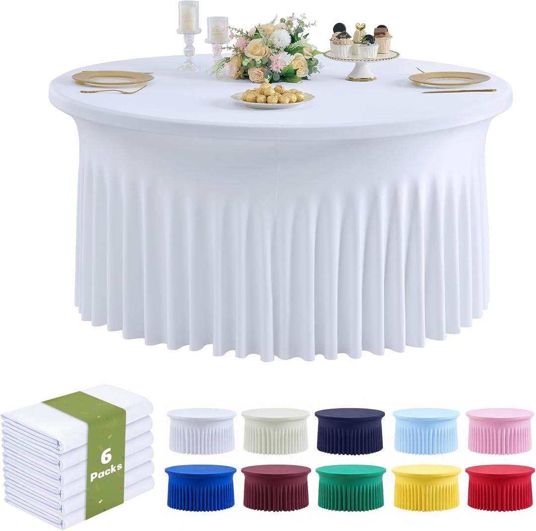 Outpain 6 Pack 72inch/6FT Spandex White Round Tablecloth, Stretchy 132inch Fitted 6FT Round Table Cloths, Wrinkle Free Table Cover with Skirt for Wedding Party Dining Banquet