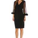 R&M Richards Women's Elegant Feather Trim Wrap Mini Dress W/Illusion Long Sleeves, Ruched Waist & Rhinestone Brooch Black, Size 4P