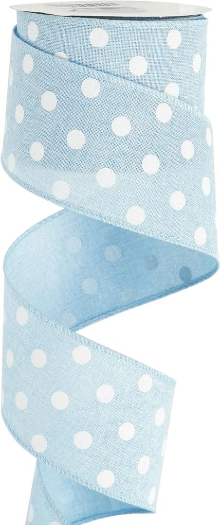 HUIHUANG Blue Polka Dot Wired Ribbon, 2.5 inch X 10 Yards - Burlap Edge Wreath Ribbon with Wire for Crafts, Wreath Supplies, Gift Wrapping, Basket Bows, Decor
