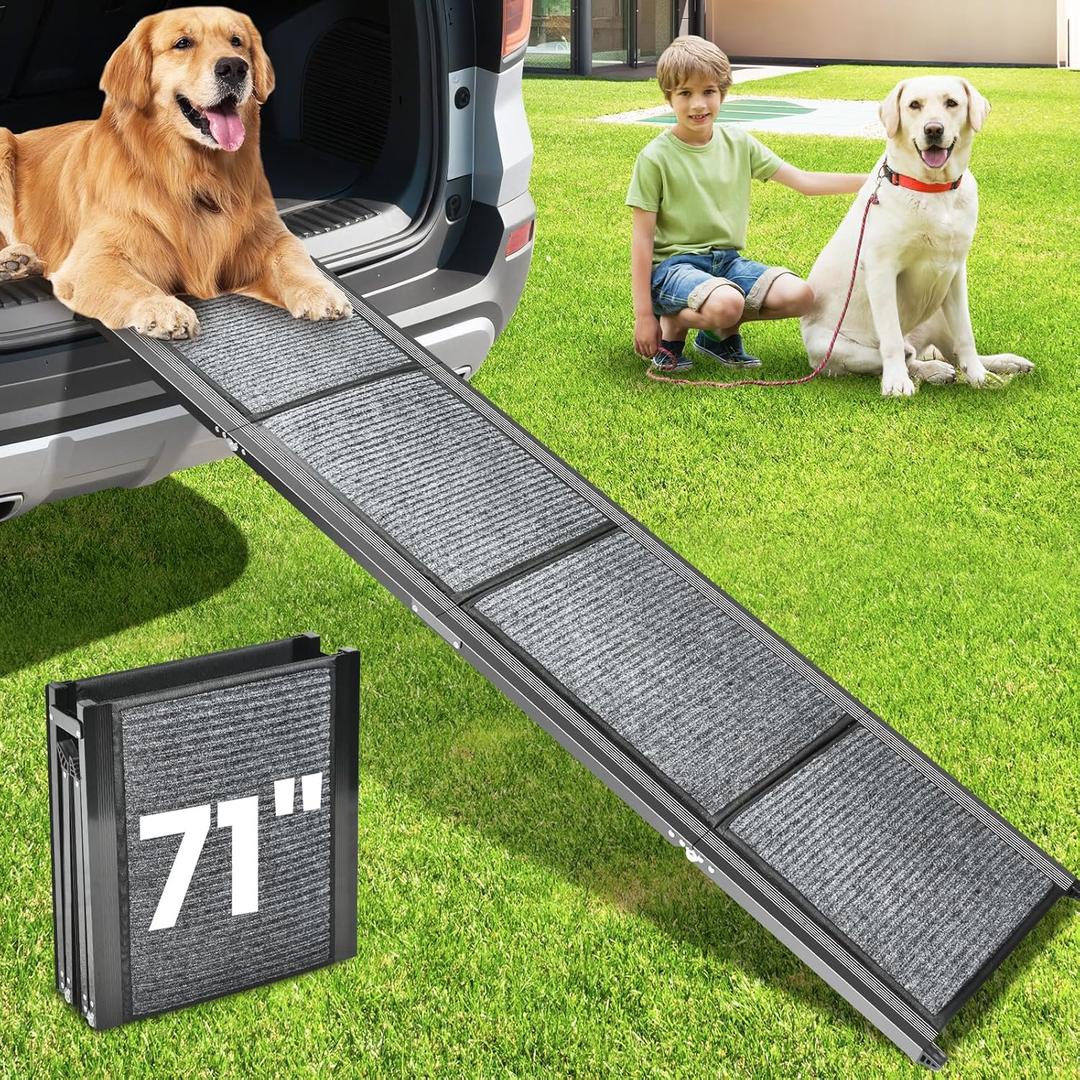 Dog Ramp for Car, 71''x 17.3'' Extra Long Dog Ramp for Truck with Non-Slip Rug Surface, Portable and Folding Dog Car Ramp for SUV & Car, Outdoor Pet Ramp for Large Dogs Up to 250 LBS