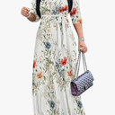 PinkPatty Women's Plus Size Maxi Dresses 3/4 Sleeves Bohemian Long Dress Printed Swing Dress with Belt, 3XL
