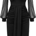 Belle Poque Womens Elegant Mesh Long Sleeve Dress for Work Ruched Dress Black XL