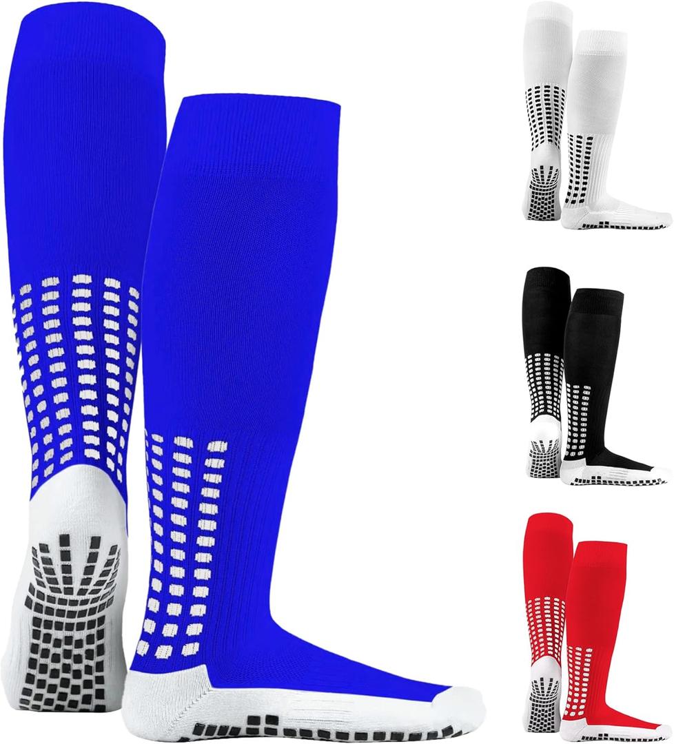 LUX Anti Slip Soccer Knee Socks, Non Slip Football/Basketball/Hockey Sports Grip Socks (Blue)